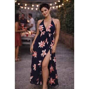 Simplee Navy Floral Deep V Halter Backless Long Faux Wrap Maxi Dress Women's S